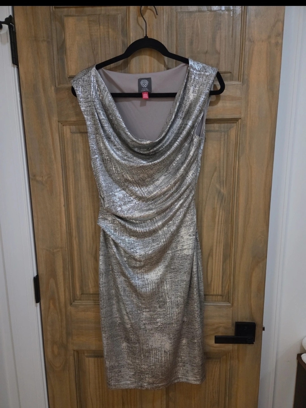 Vince Camuto Metallic Silver Draped Midi Dress